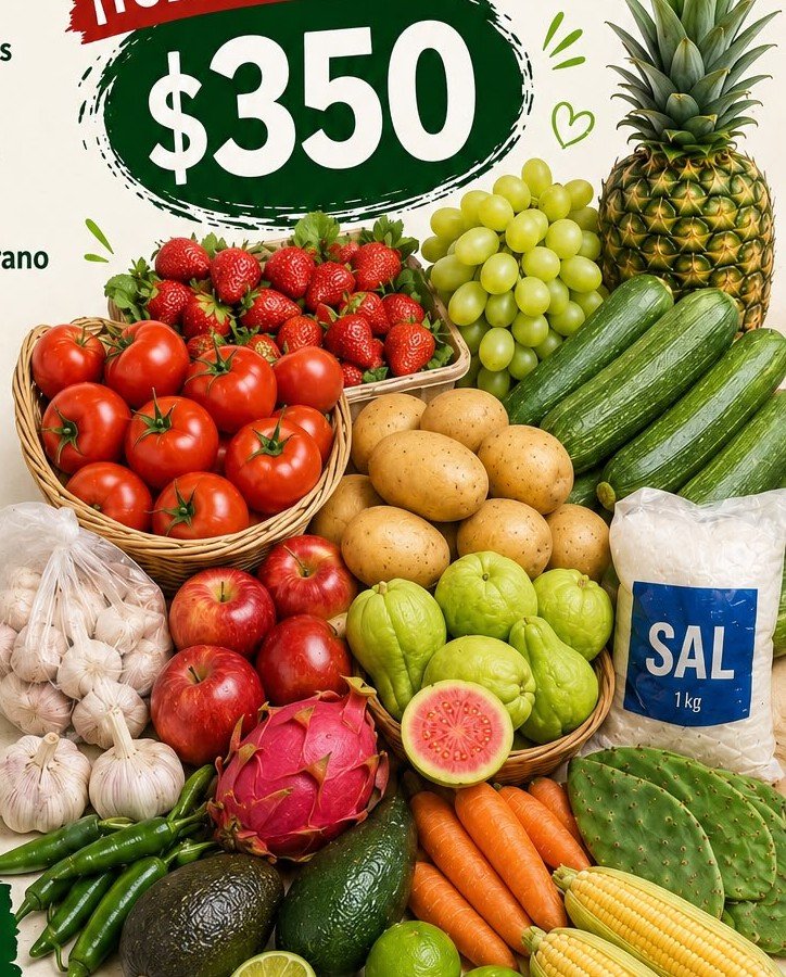 Frutas frescas: fresa, uva, guayaba y jitomate